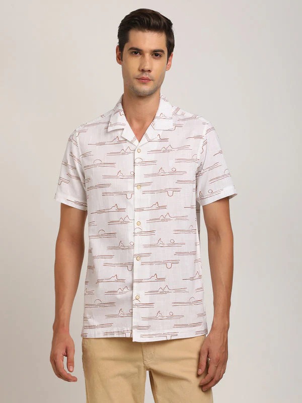 Indian Terrain Men's Slim Fit Half Sleeve All Over Print White Shirt